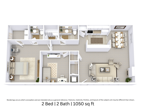 Floor plan for 2 beds, 1.5 baths, 1050 sqft